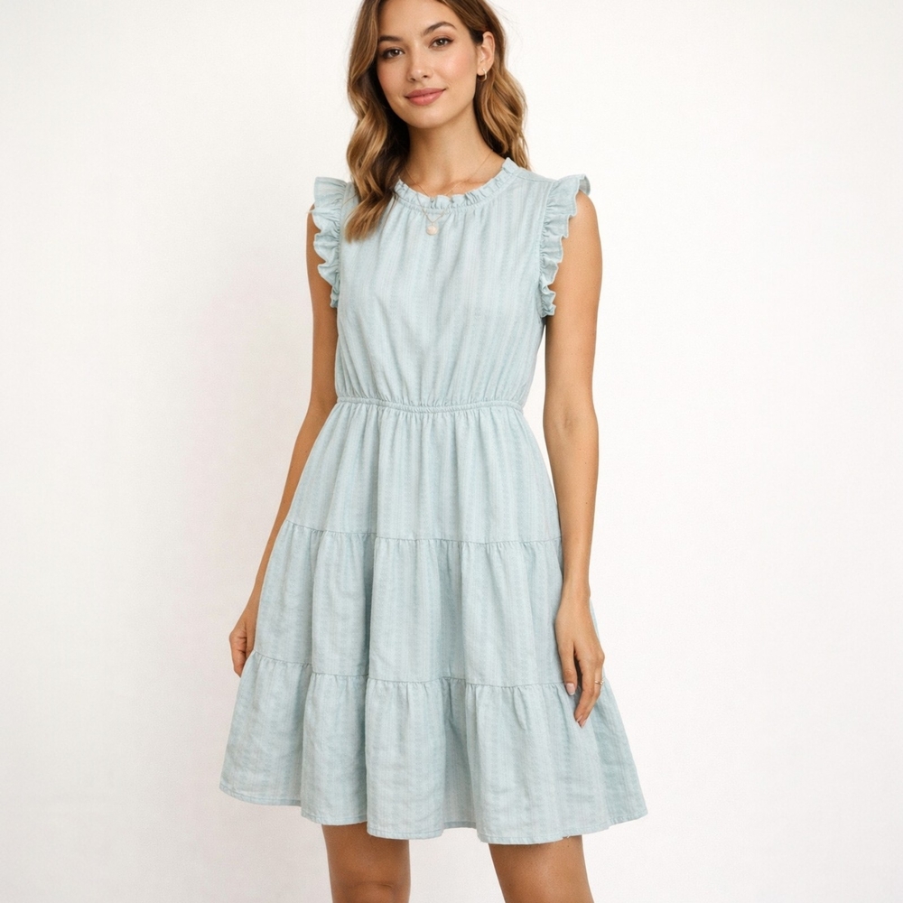 Listicle Tiered Ruffle Dress L Light‎ Blue Cottagecore Spring Romantic Picnic